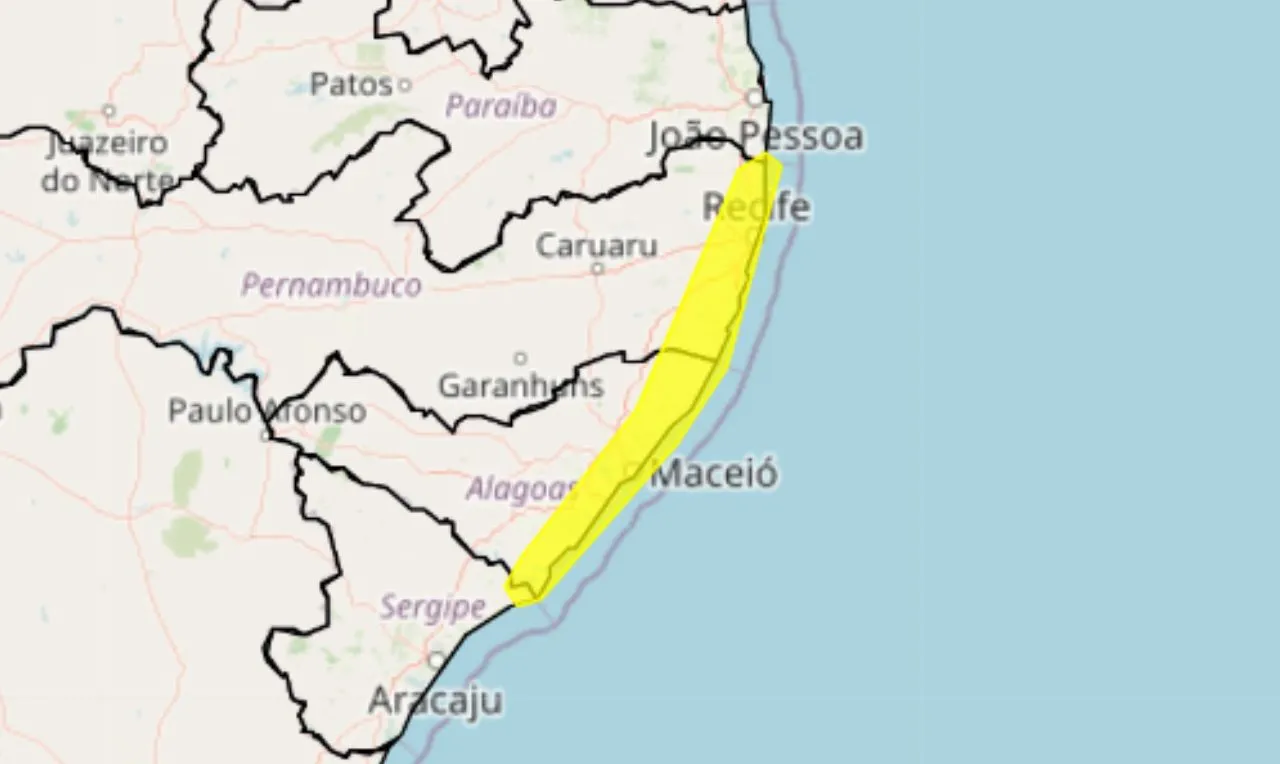 O mapa mostra as áreas em alerta para acúmulos de chuva